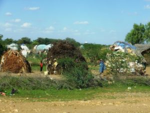 キャンプ周辺には枝をくみ上げ布を被せた住居が並ぶ